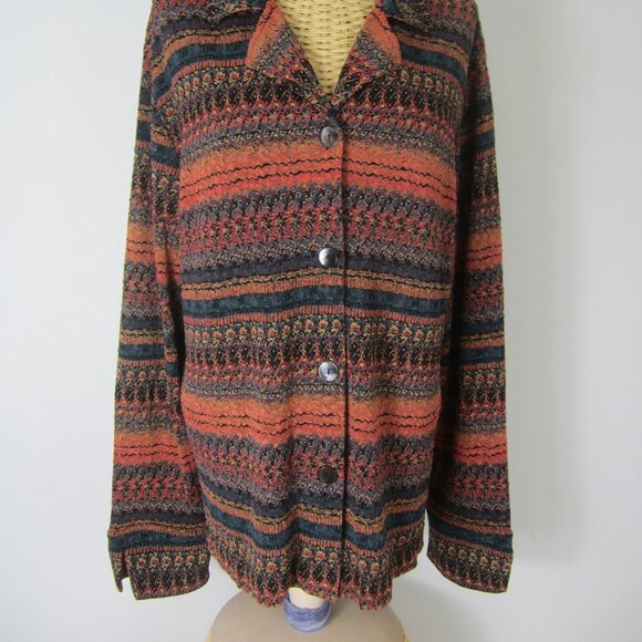 Coldwater Creek Women L Orange Blue Stretch Knit Long Sleeve Button  Shirt - Picture 11 of 13